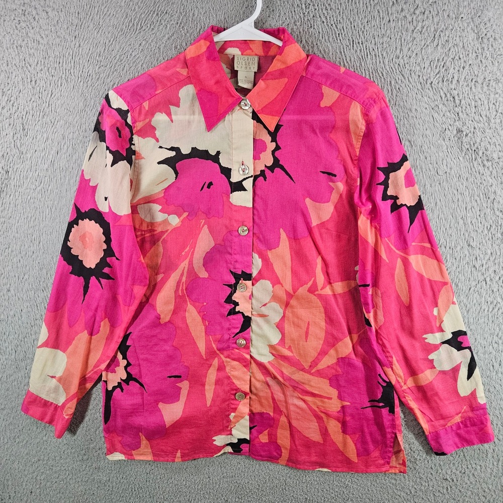 Sigrid Olsen Sport Womens Small Pink Floral Cotton Button Down Shirt Long Sleeve